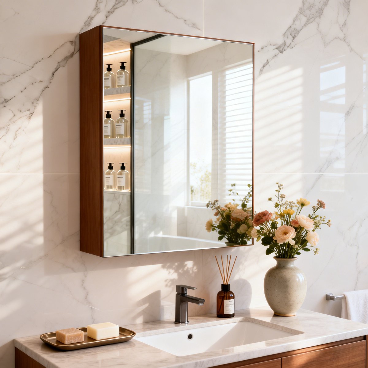 LUVODI Spiegelkast Badkamer met Sensorverlichting - Walnoot - 50 x 66 cm