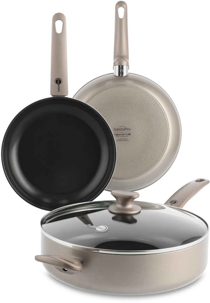 GreenPan Cambridge Bronze Pannenset 3-delig - Koekenpan 24 cm + 28 cm + Hapjespan 28 cm - PFAS-vrije antiaanbaklaag - Inductie Pannenset - Ovenbestendig tot 160°C - Diamantversterkt - Brons