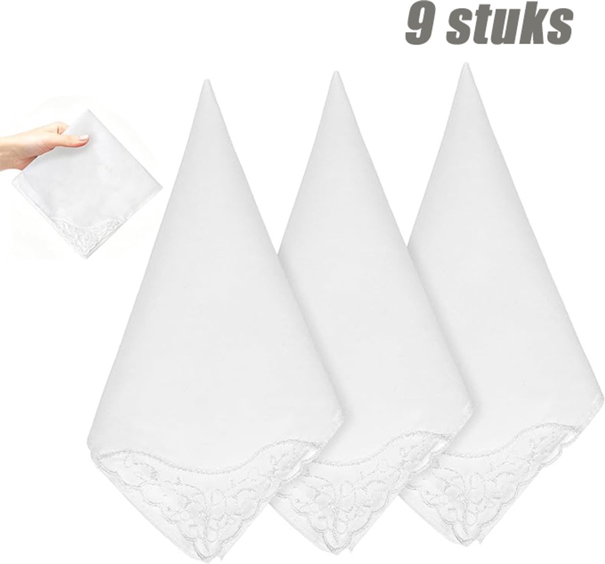 Witte Bruidszakdoek met Kant - 9 stuks - 28×28cm - Geborduurde Katoenen Zakdoek - Zakdoeken voor dames - Trouw Accessoire voor Bruid