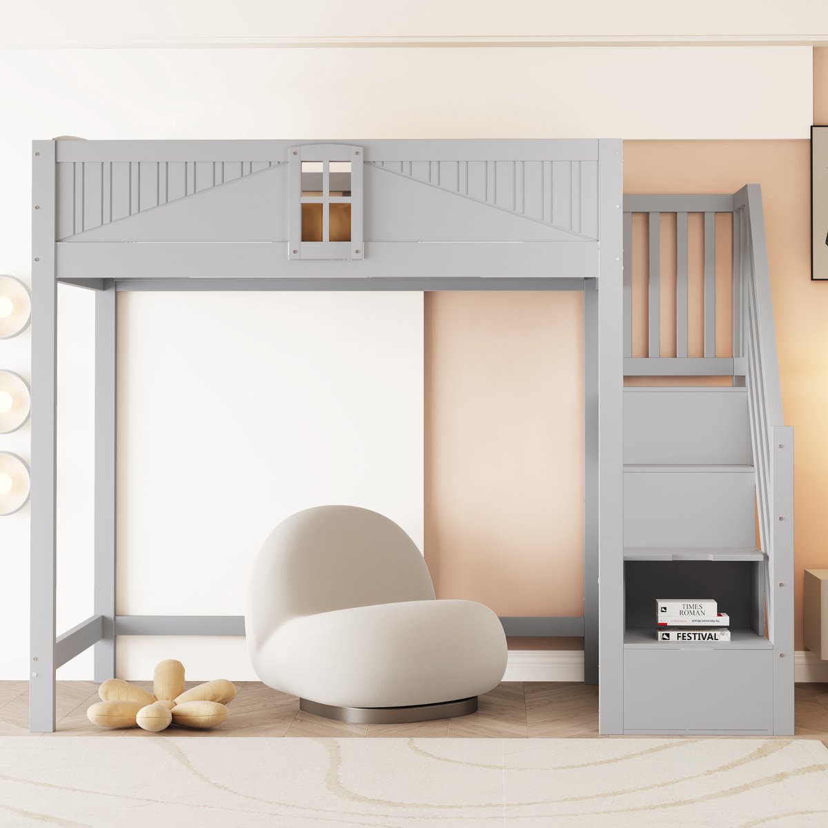 Kinderbed, Hoogslaper Van Massief Hout 90 X 200 cm, Unieke Veiligheidsdeur Met Raam, Veiligheidsladder Met Opbergruimte Aan De Zijkant (Omkeerbaar Links En Rechts), Multifunctioneel Bed-Grijs