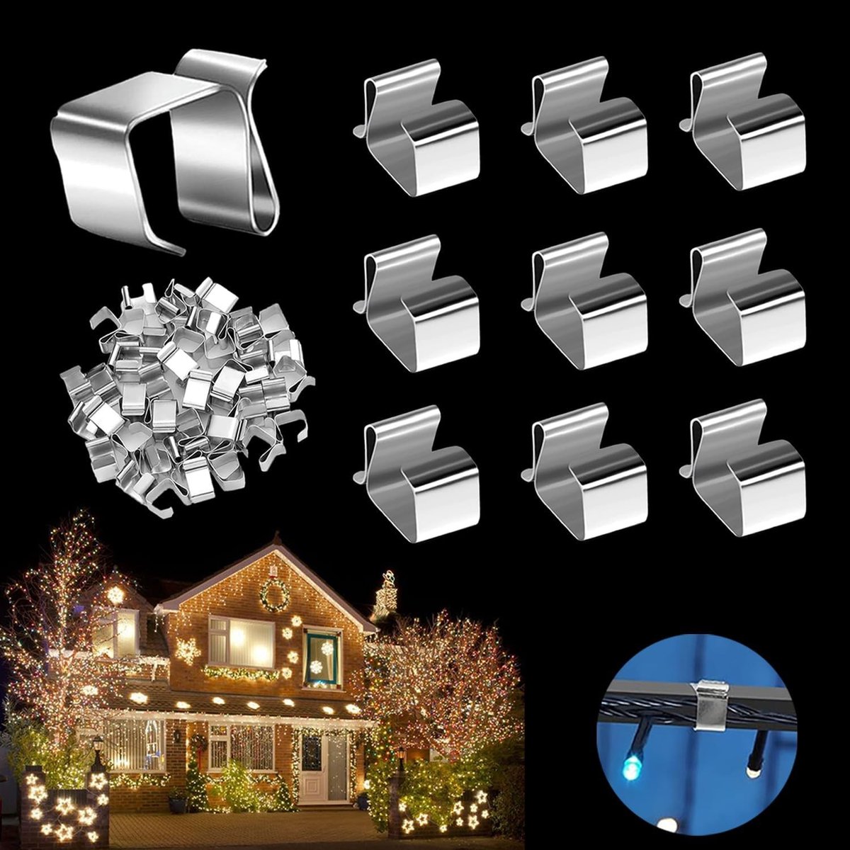 60 Stuks Dakgoot Haakjes voor Lichtkettingen, RVS Clips voor Kerstverlichting, Mini Haakjes voor Sfeerverlichting en Decoratie