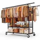 HOKEEPER Zwaar uitschuifbaar kledingrek op wielen – dubbele stang, 116-180 cm breed, hoogte 158-170 cm, 283 kg draagkracht, met wasmand en planken – chroom