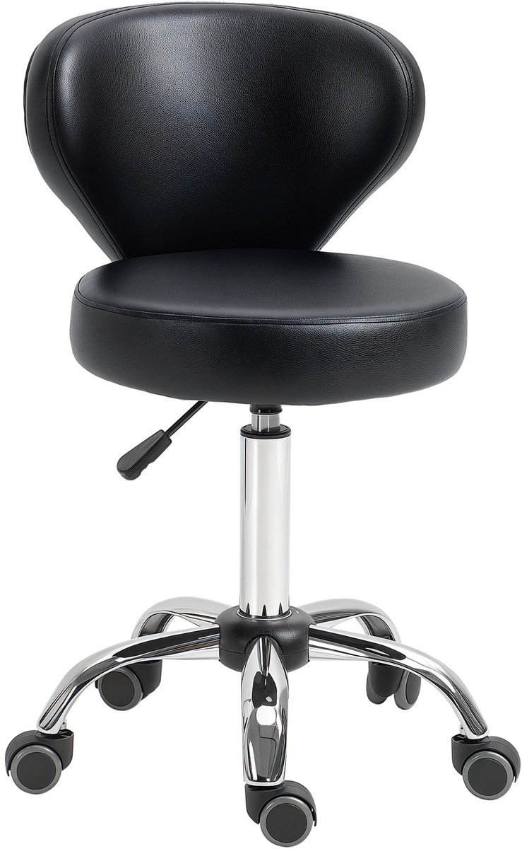 Draaikruk met wieltjes en rugleuning - Massagestoel - 360° draaibare werkstoel - Zithoogte verstelbaar van 49 tot 64 cm - ergonomische rugleuning - Verchroomd metaal - zwarte kunststof bekleding