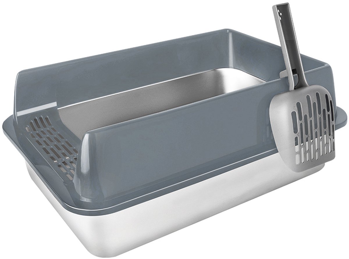 PIPIPOXER Kattenbak RVS -Kattentoilet Roestvrijstaal - Incl. Kattenbakschep met Houder - Geurvrij, Lekvrij - Open Kattenbak - Kattentoilet -35x50x24cm - zwart