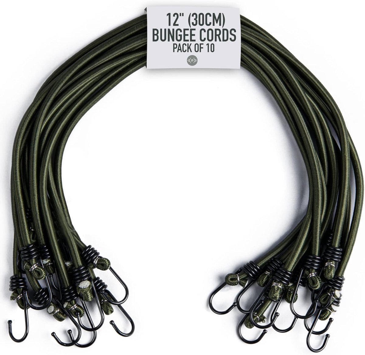 Elastisch koord - bevestigingsband - met haak - stevig en duurzaam - verpakking van 10 stuks - geschikt voor bagage, dakdragers, kamperen - 30 cm - legergroen