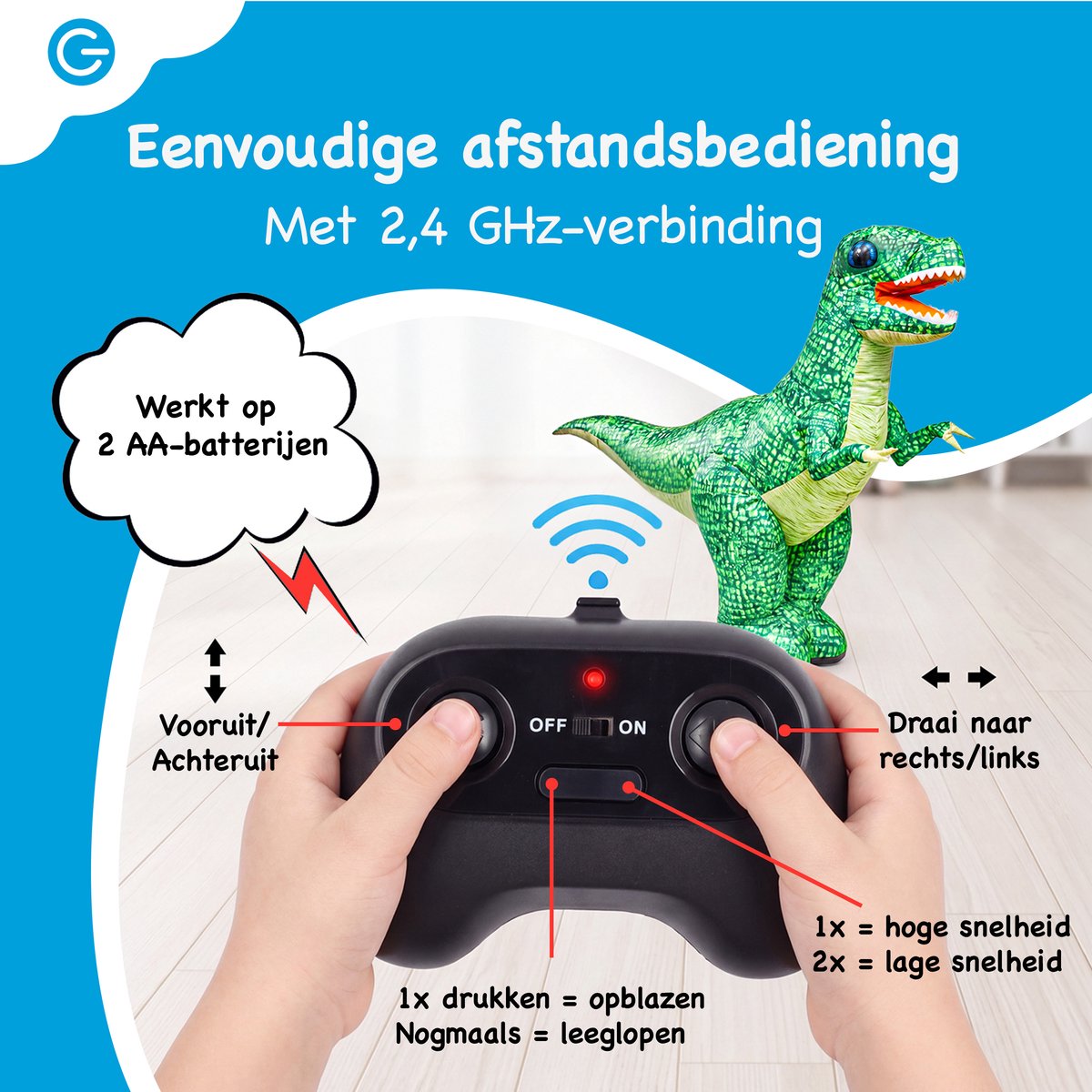 Silvergear® Opblaasbare RC Dinosaurus voor Kinderen - Bestuurbare Dino met Afstandsbediening - 90 cm Hoog - Zelfopblazend in 20 sec - Vooruit, Achteruit & 360° Draaien - Oplaadbaar - Dinosaurus Speelgoed T Rex - Groen - Cadeau voor 4,5,6,7,8+ Jaar — afbeelding 10