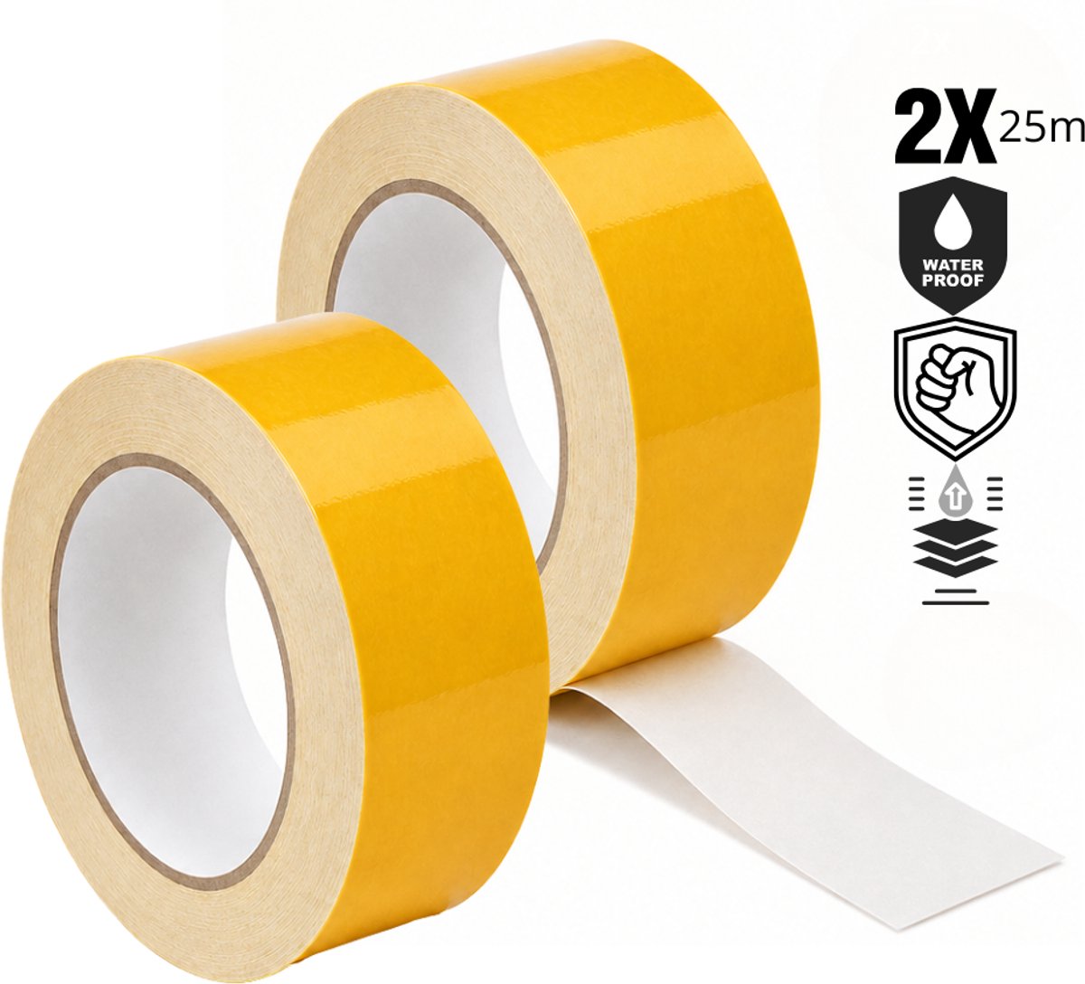 Dubbelzijdige tape PRO - Dubbelzijdig plakband - 50 mm × 25 m - 2 rollen - Dubbelzijdig tape extra sterk - Dubbelzijdige weefseltape - Tapijttape Wit- 250 µm
