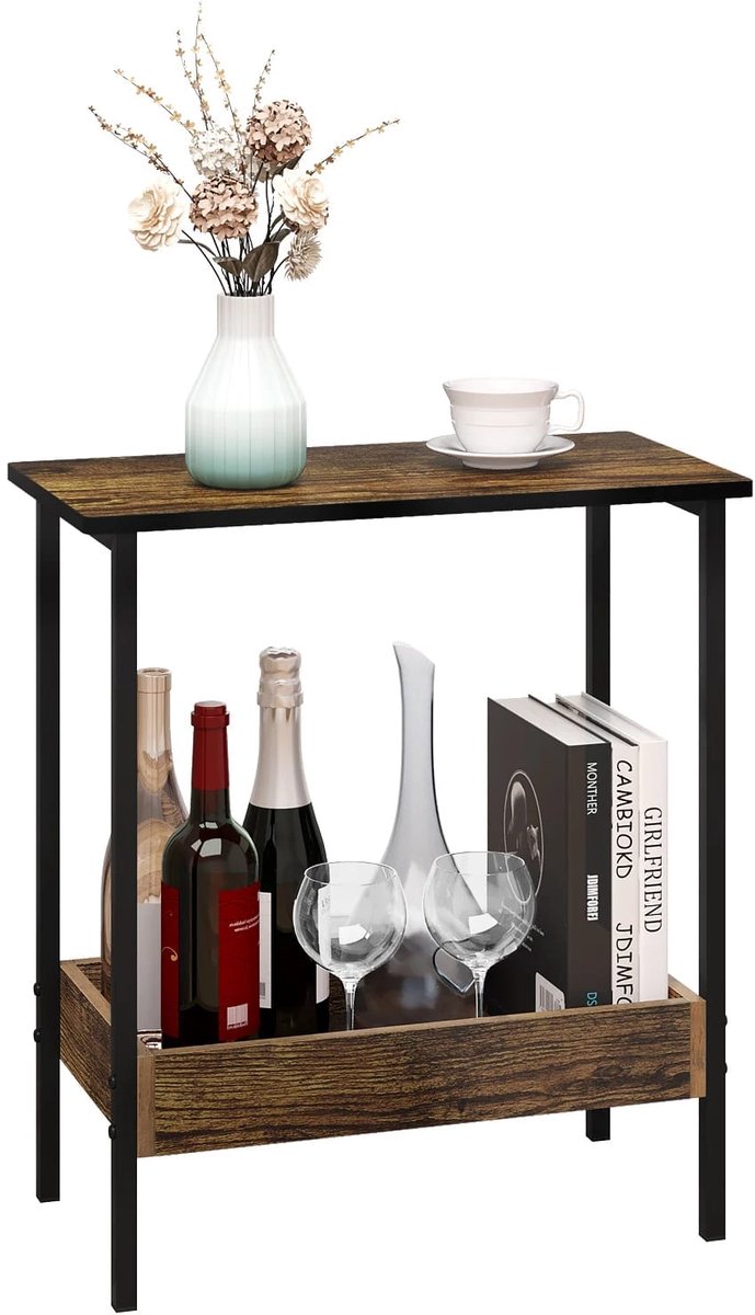 Bijzettafel Licht Eiken - Twee Opbergvakken - Stabiel Metalen Frame, Waterdicht Oppervlak - B 50 x D 25 x H 55 cm - Donkereiken