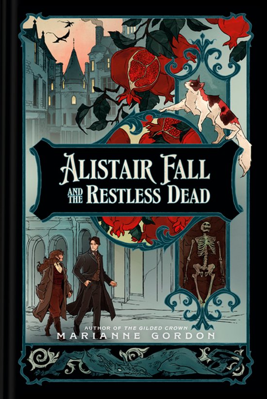 Boekomslag van Alistair Fall and the Restless Dead met illustraties van een koppel, granaatappels, een kat en een skelet.
