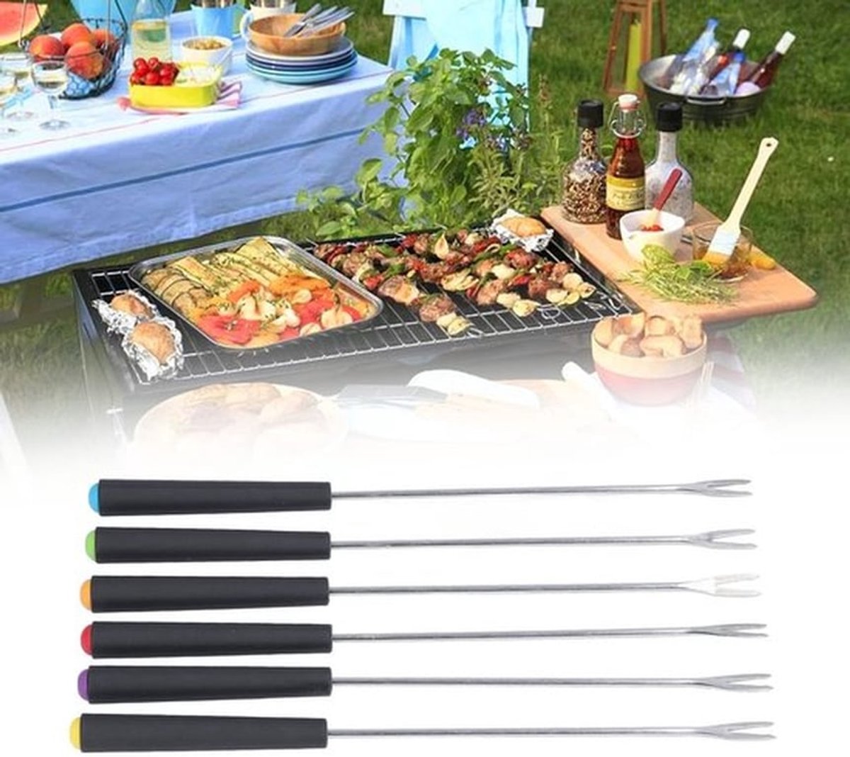 Fondue Vorken 6 Stuks - Roestvrij Staal - Lange Vorken - Antislip Grip - Voor Chocolade/Cake/Fruit - Roestbestendig - Fondueprikkers