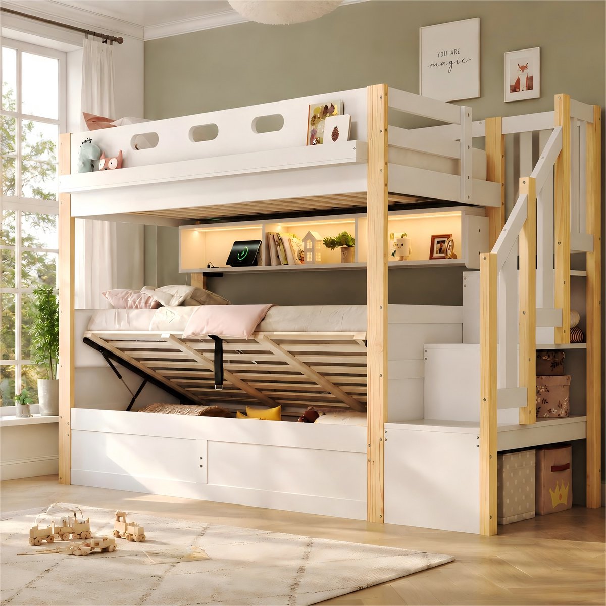 OKWISH Hoogslaper 90 x 200 cm Zonder Matras - Kinderbed met Hydraulische Opbergruimte, LED Verlichting, USB en Trap met Opbergvakken - Wit