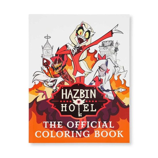 Le livre de coloriage officiel Hazbin Hotel avec les personnages Charlie, Vaggie et Angel Dust, entourés de flammes et de bâtiments.