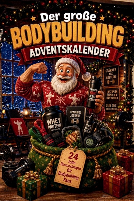 Adventskalender met kerstman in kersttrui, met Bodybuilding-attributen zoals gewichten, eiwitpoeder en trainingsschema.