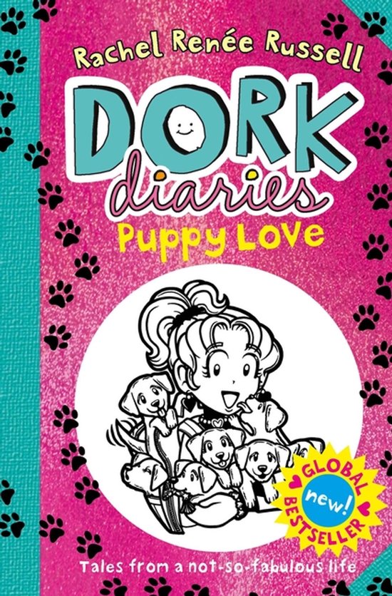 Dork Diaries 10 Puppy Love boekomslag met een illustratie van Nikki en puppy's. Pink glitter achtergrond met pootafdrukken.