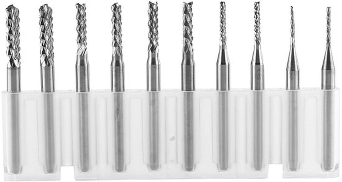 Set van 10 End Mills van Tungsten Carbide voor Frezen, Graveren en Boren in Diverse Maten 1,0–3,0 mm
