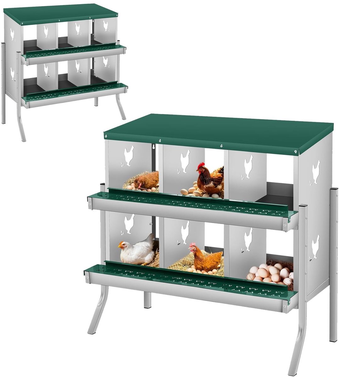 HoerFuriy - Kippenlegnest - Gegalvaniseerd Staal - Voor Buiten en Pluimvee - 84,5x42x90,3cm - 6 Afdelingen - Vrijstaand met Poten - Groen
