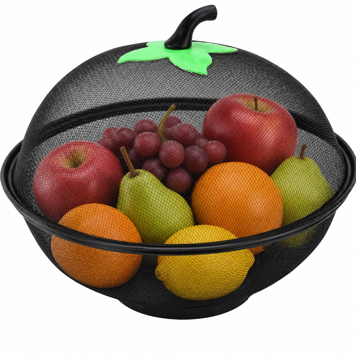 Namajunas - Fruit- en groentemand met deksel - Fruitschaal van metaalgaas - 28 cm - Verhoogde voet - Geschikt voor op het aanrecht / Zwart - fruitschaal - fruitmand - vliegenkap - fruitmand met deksel