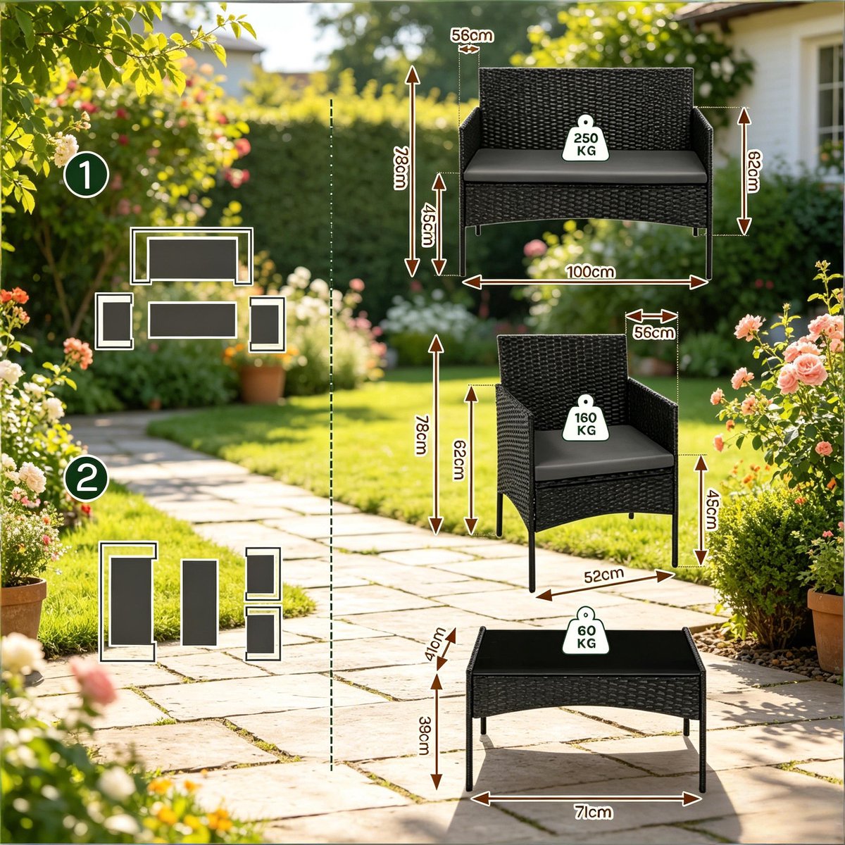 4-delige tuinmeubelen set - buiten patio meubels met 2 zitplaatsen bank - 2 stoelen - tafel en zitkussens voor patio