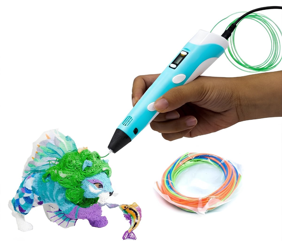 KIRA® 3D Pen Starterspakket - 3D Pennen Tekenset - 3 Starter Kleuren PLA Filament - 3D Pen - Lichtblauw - 12cm x 20cm x 5cm
