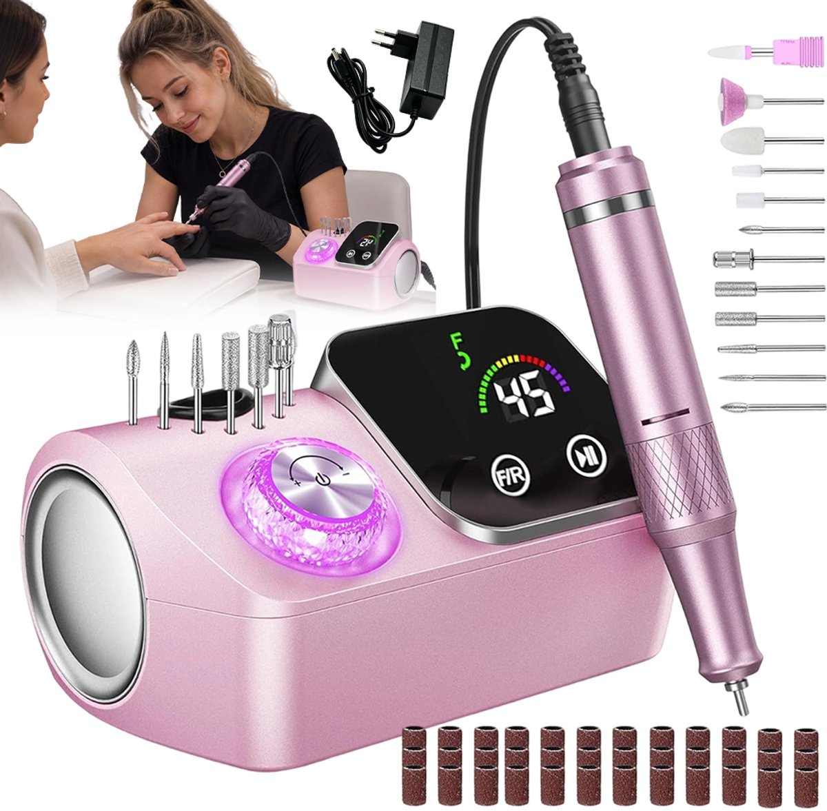Elektrische Nagelvijl - Nagelfrees - Manicure & Pedicure Set - 45000 RPM - LCD Display - V12 Bitjes & 36 Schuurrolletjes - Laag Geluidsniveau - F/R Schakel - USB Noodladen - Gel en Acryl - Voor Salon en Thuis - Roze