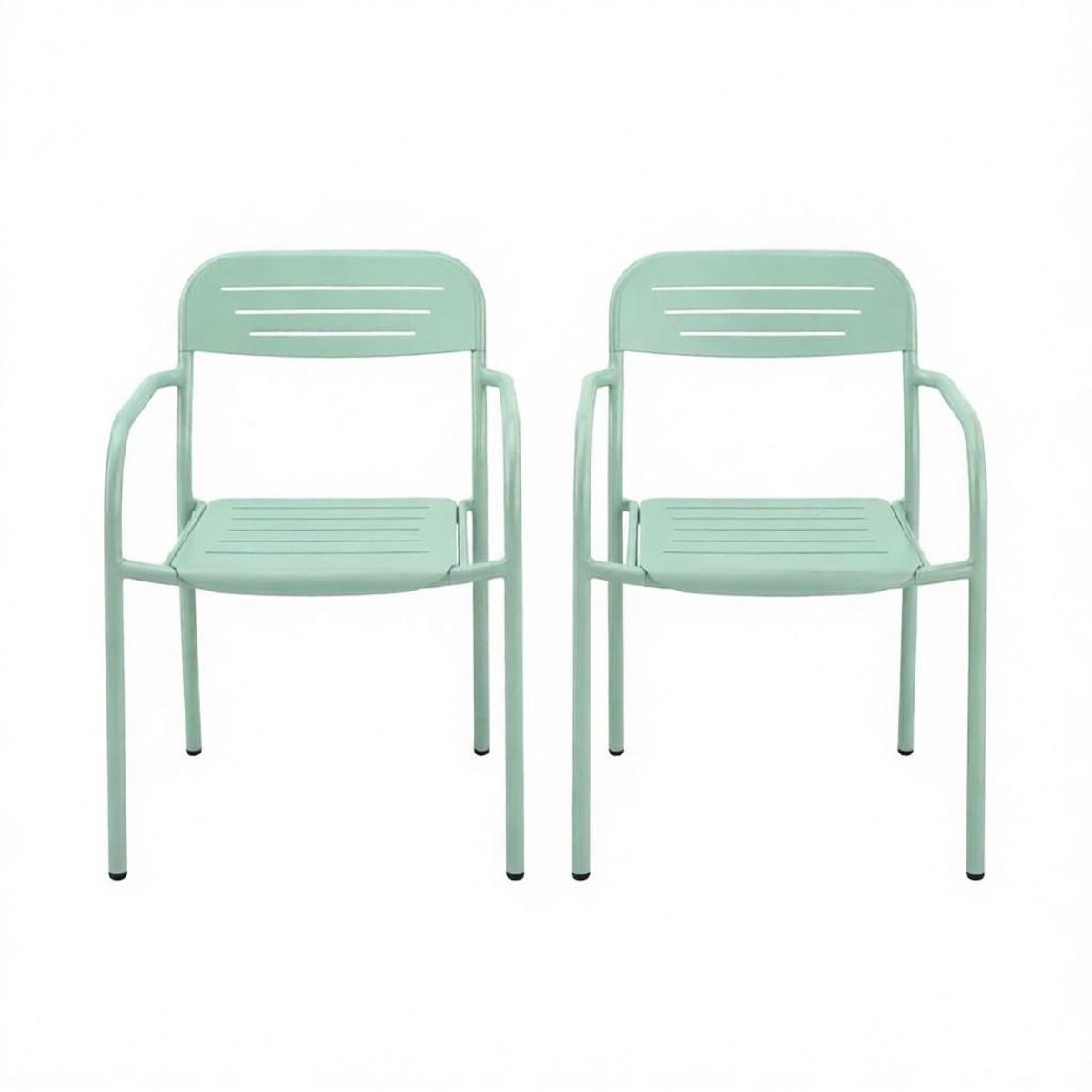 Twee groene tuinstoelen - met handrails en rugsteun - metalen steun - fris groen