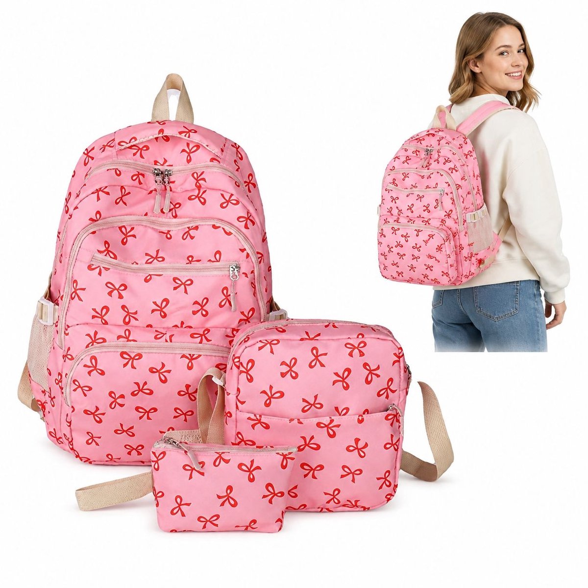 Bobypet - Schoolrugzakset - 3-delige strik rugzakset - ruime schooltas voor meisjes - voor school en reizen - roze