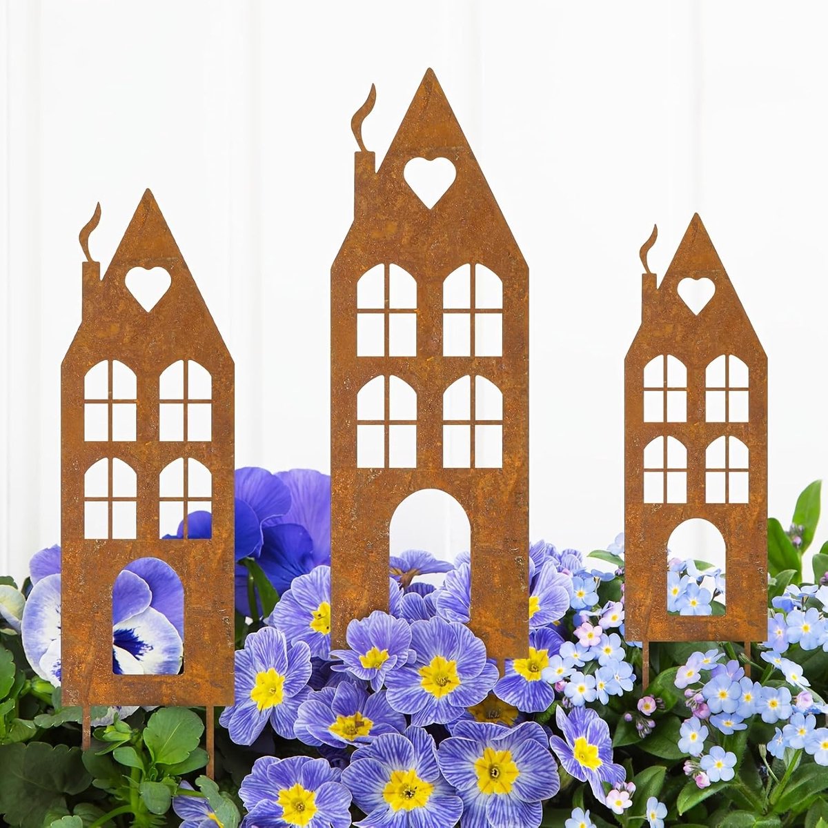 3-delige Metalen Kasteel Tuinpalen - Roestbruin - Vintage Uitstraling - Weerbestendig - 17-30 cm - Buitendecoratie - Set van 3
