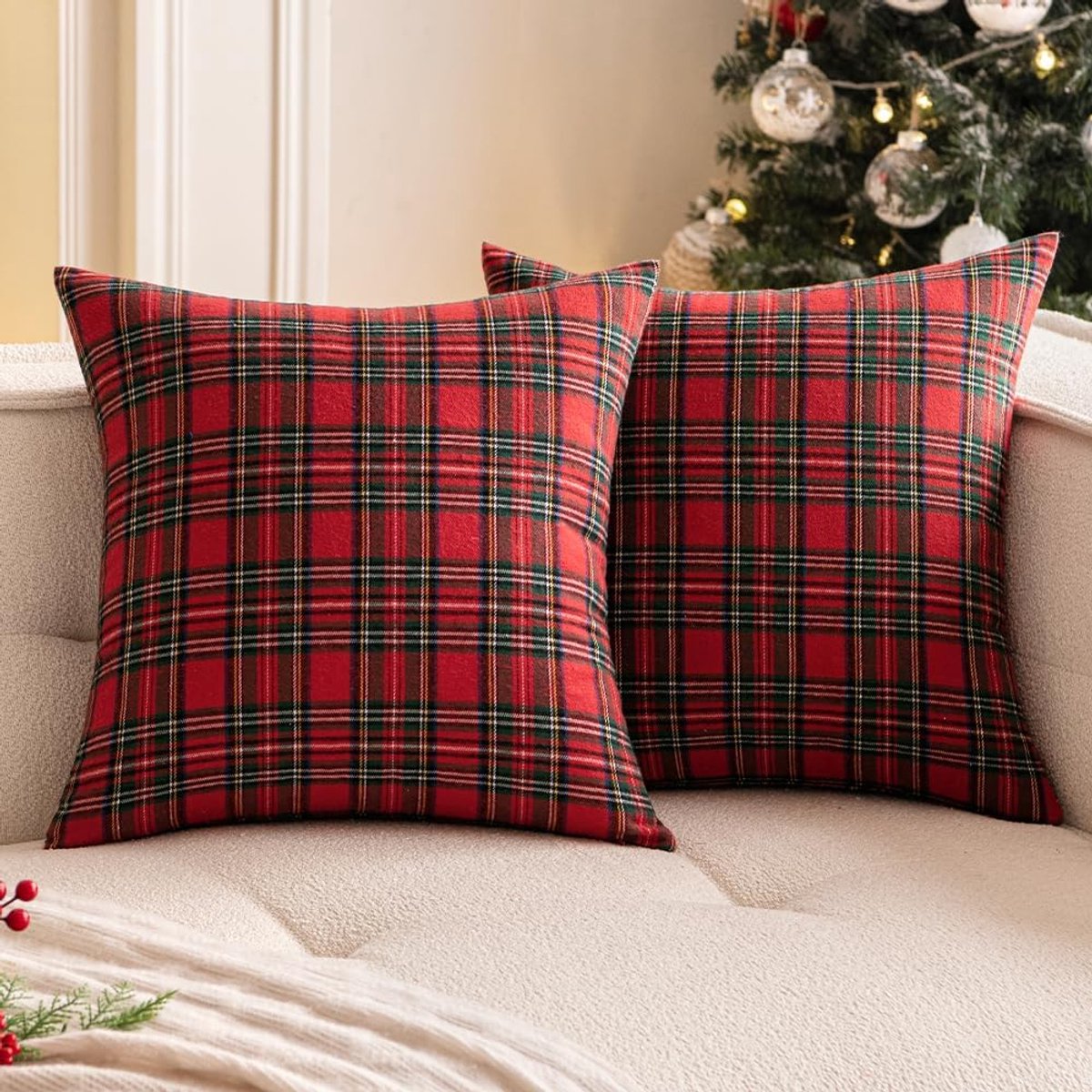 Kerstkussenhoezen met ruitpatroon set van 2– 45x45 cm – Rood ruitpatroon – Kerst- en herfstdecoratie voor in huis – Geschikt voor banken en woonkamers