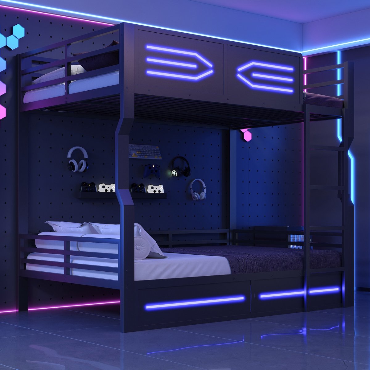 PHOEBE CAT Stapelbed - 140 × 200 cm - Metalen bed - LED-verlichting - Valbeveiliging - Zwart