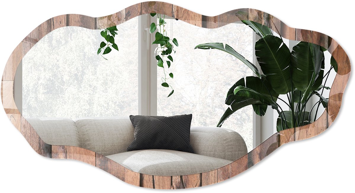 Wallfluent Houtstructuur Spiegel - Bruin Strakke Rechthoekige Spiegel - Organische Spiegel - Woonkamer - Rustiek - 45x90 cm - Totale afmeting 52x97 cm