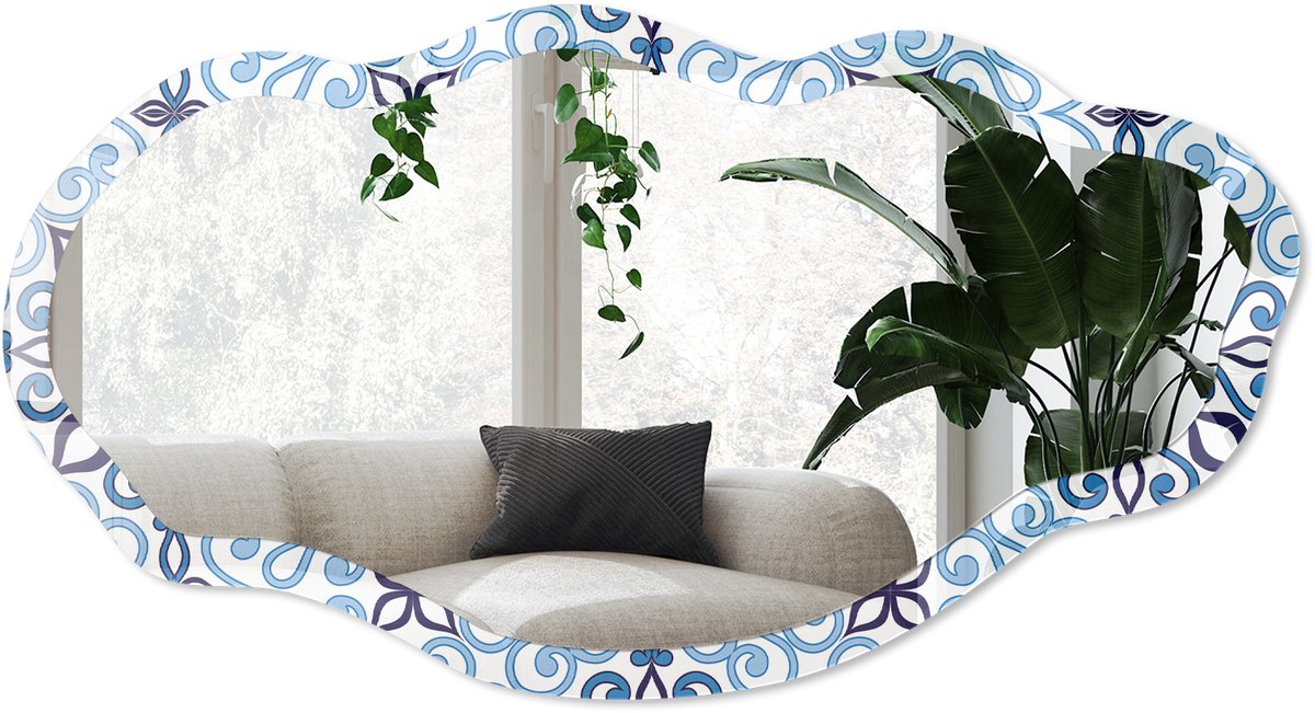 Wallfluent Blauw Ornament Spiegel - Blauw Elegante Rechthoekige Wandspiegel - Organische Spiegel - Badkamer, Hal, Kantoor - Geometrisch - 45x90 cm - Totale afmeting 52x97 cm