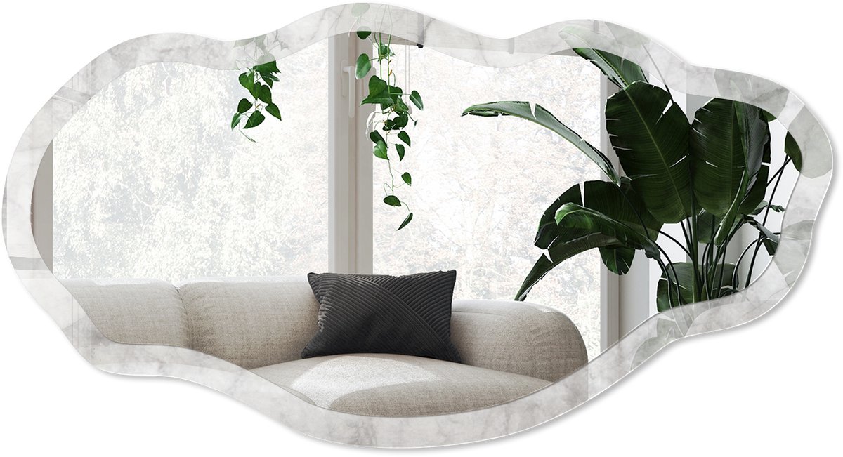 Wallfluent Grijs Marmer Spiegel - Grijs Moderne Rechthoekige Wandspiegel - Organische Spiegel - Woonkamer - Klassiek - 45x90 cm - Totale afmeting 52x97 cm