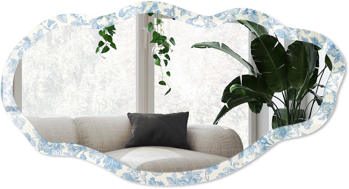 Wallfluent Bloemenpatroon Spiegel - Blauw Elegante Rechthoekige Wandspiegel - Organische Spiegel - Slaapkamer, Woonkamer, Hal - Klassiek - 45x90 cm - Totale afmeting 52x97 cm