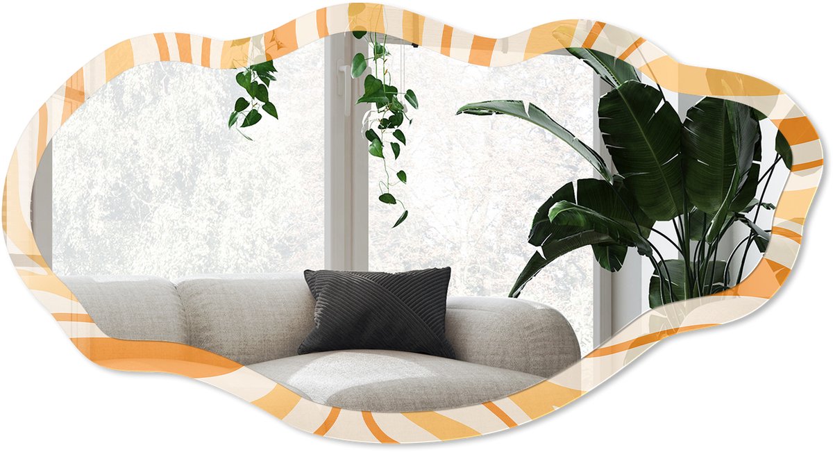 Wallfluent Oranje Golven Spiegel - Oranje Rechthoekige Spiegel Met Modern Design - Organische Spiegel - Woonkamer - Abstract - 45x90 cm - Totale afmeting 52x97 cm