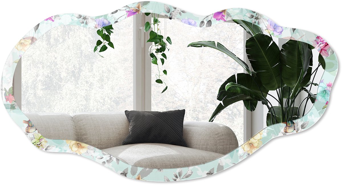 Wallfluent Bloemen Vogels Spiegel - Munt Rechthoekige Spiegel Met Modern Design - Organische Spiegel - Woonkamer - Aquarel - 45x90 cm - Totale afmeting 52x97 cm