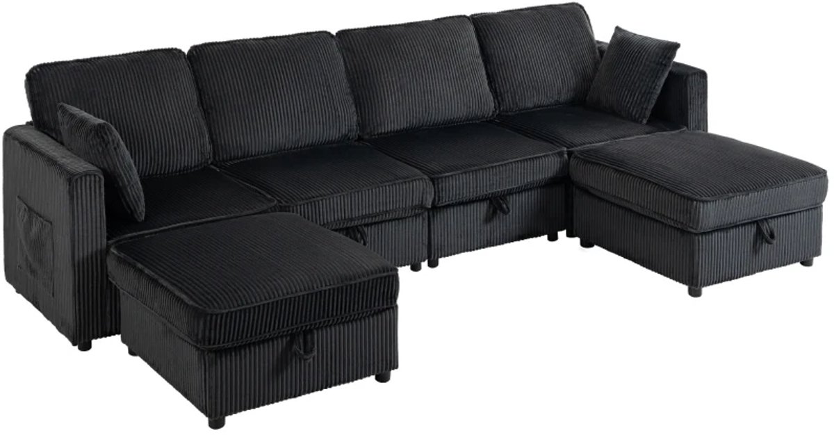 Hoekbank 4-zits U-vorm - Met Opberger en Poef - 306 cm - Corduroy Look - 4 Kussens - Voor Woonkamer