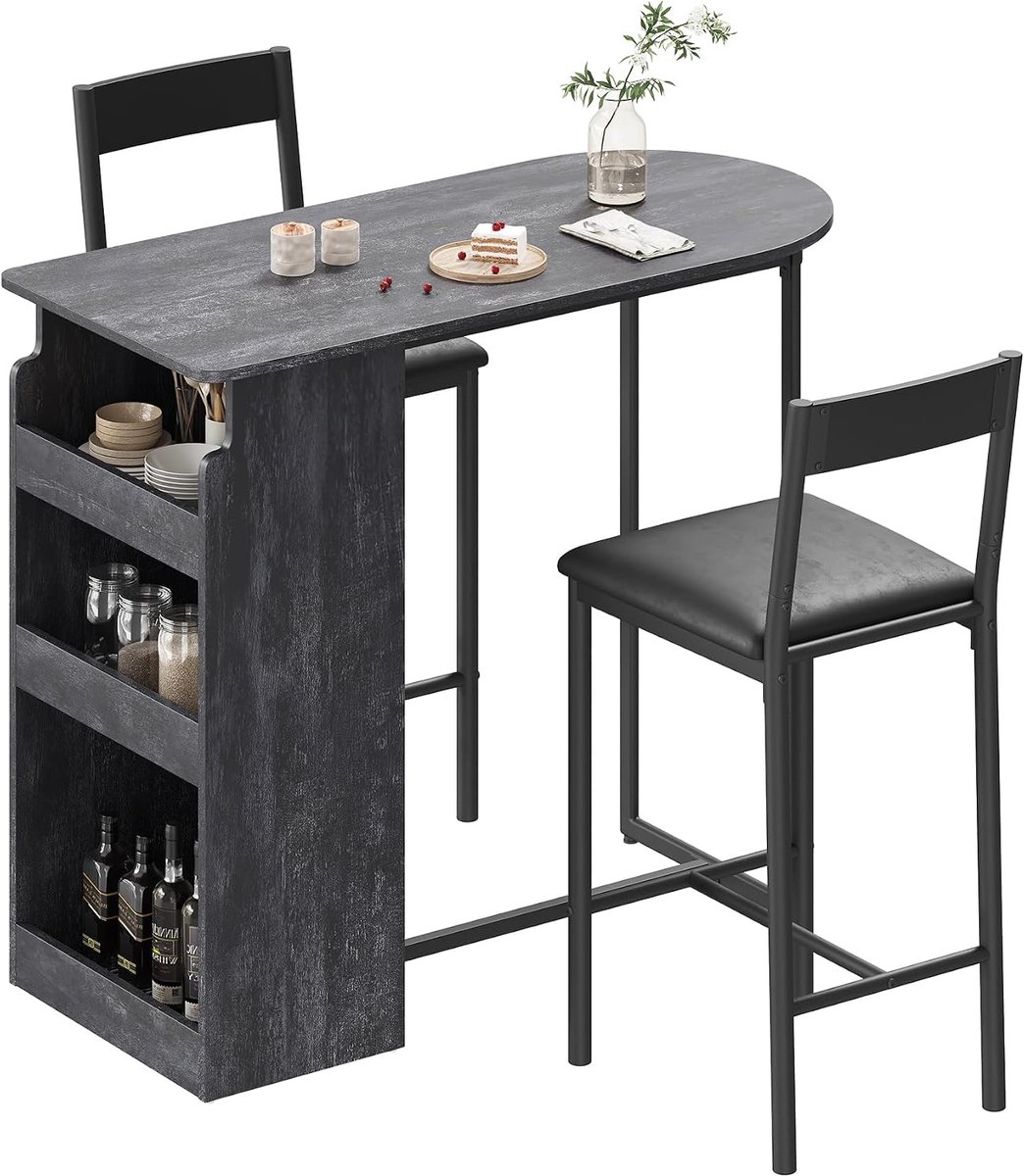 Bartafelset met stoelen, moderne bartafel met 3‑laagse opbergplanken, ruimtebesparende pubtafel met krukken, moderne bartafel voor keuken, woonkamer, ontbijthoek en appartement