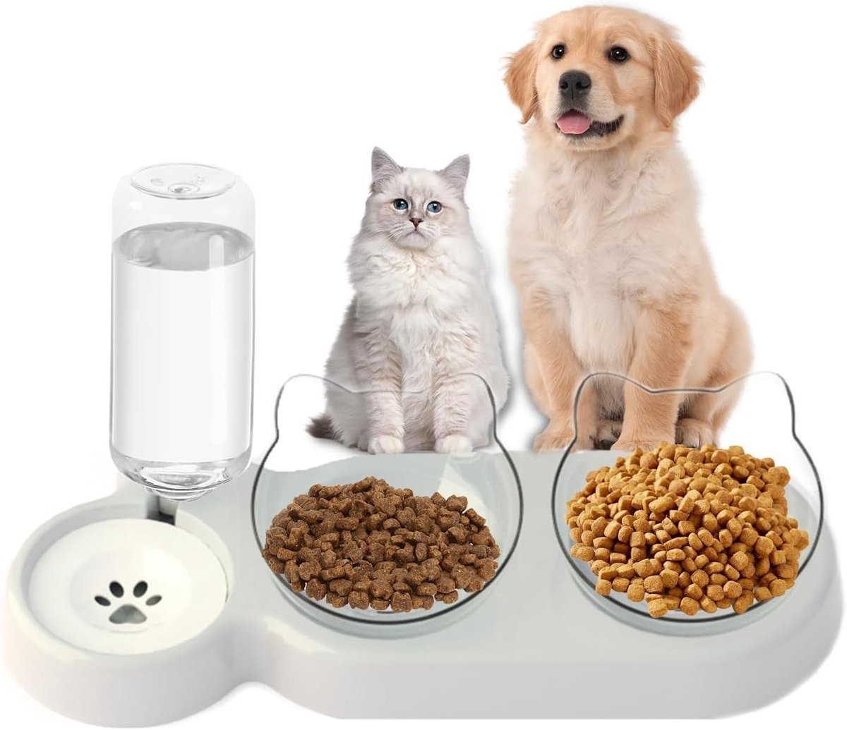 Verhoogde voerbak voor grote hond - Grijs/Transparant - 40 x 13,2 x 3,5 cm - Dubbele voerbak met waterdispenser - Voor katten en kleine honden
