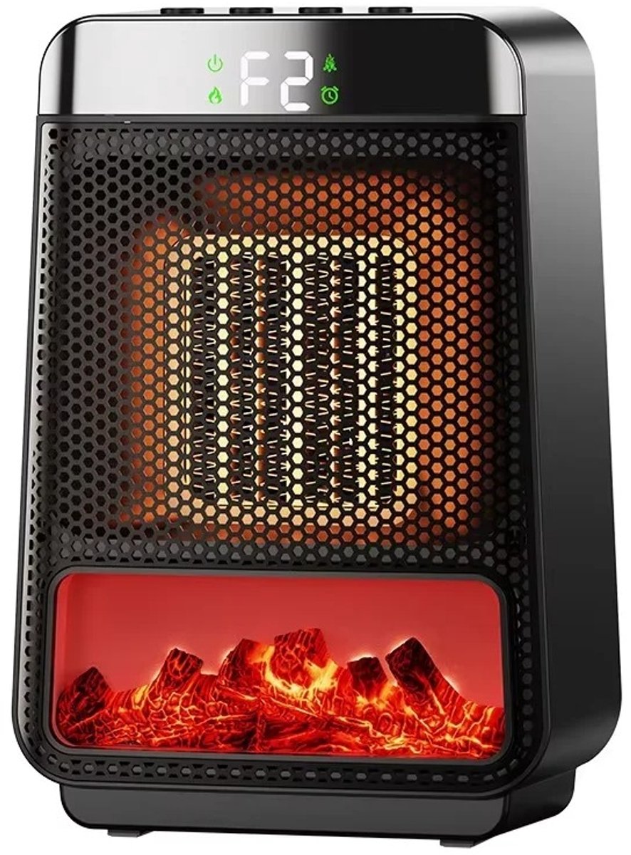 ITRONIQ Elektrische Kachel 1000W - Compacte Keramische Ventilatorkachel met 3D Vlameffect - Thermostaat en Timer - Zwart