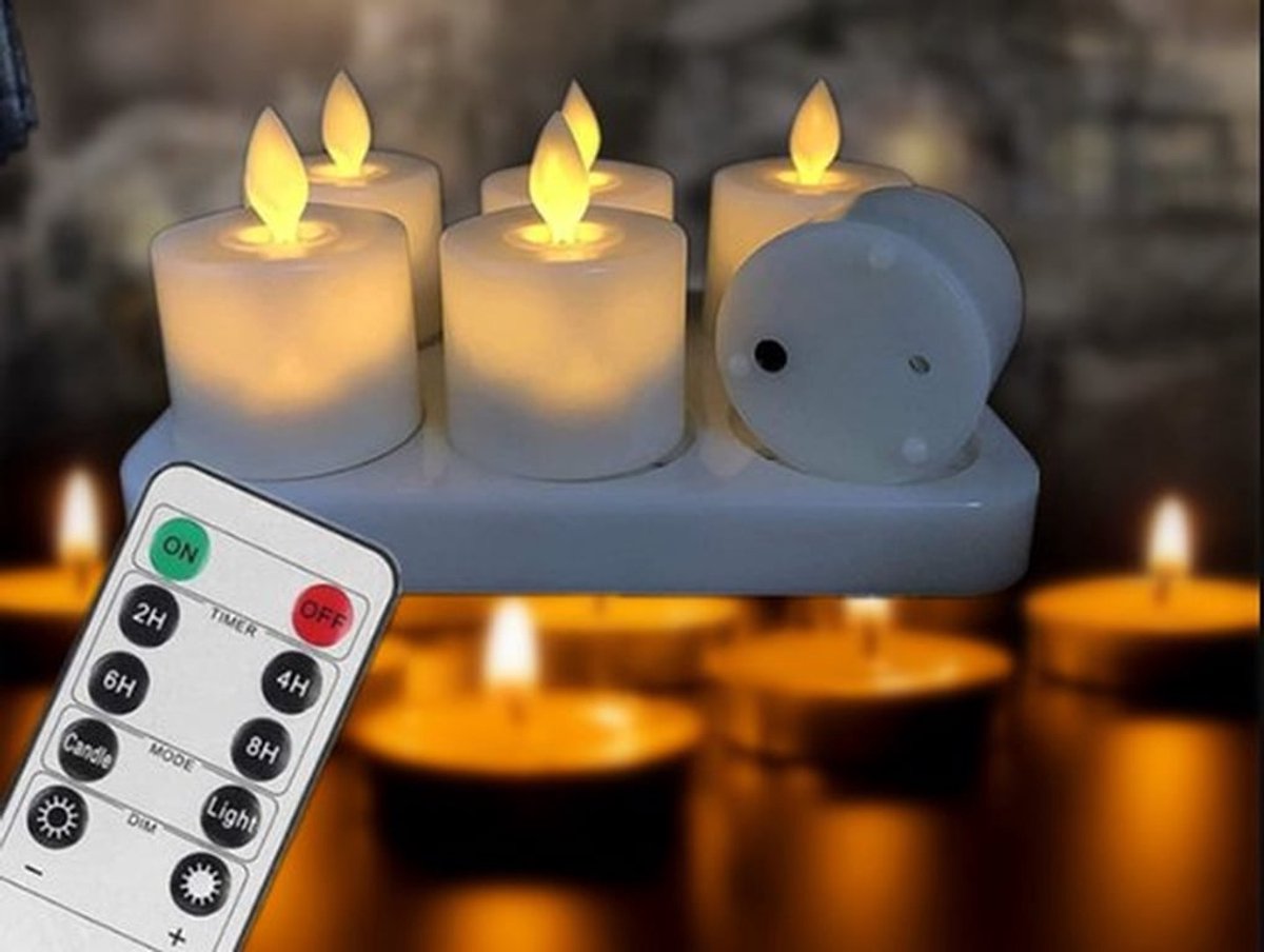 Zes oplaadbare led-theelichtjes, inclusief oplaadstation en USB-kabel. Voorzien van knippereffect, afstandsbediening met timer en dimfunctie, warmwit licht en een diameter van 3,7 x 5 cm.