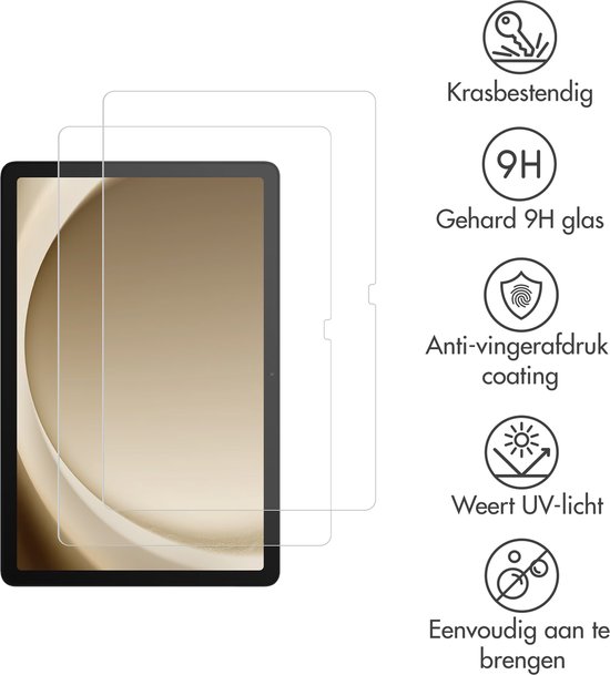 Tablet met screenprotector, omringd door pictogrammen die krasbestendigheid, 9H gehard glas, anti-vingerafdrukcoating, UV-lichtafwering en eenvoudige installatie aangeven.