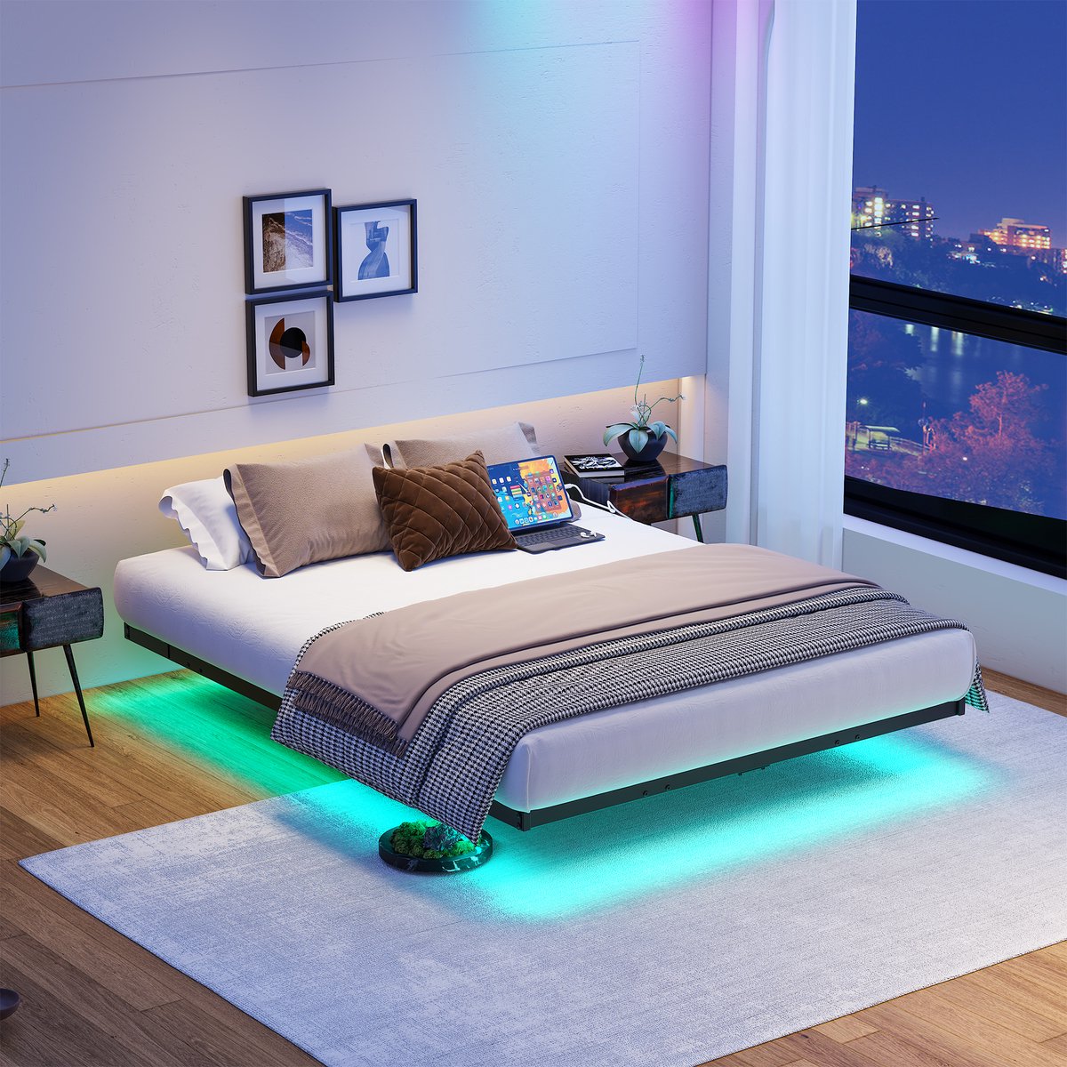 DESMIU Bedframe 120x200 cm – Zwevend Metalen Bed Met Led Verlichting En Oplaadstation – Lattenbodem – Voor Volwassenen – Zwart Zonder Matras