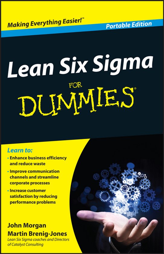 De cover van het boek 'Lean Six Sigma for Dummies' met de titel in grote gele letters en een hand die tandwielen vasthoudt.