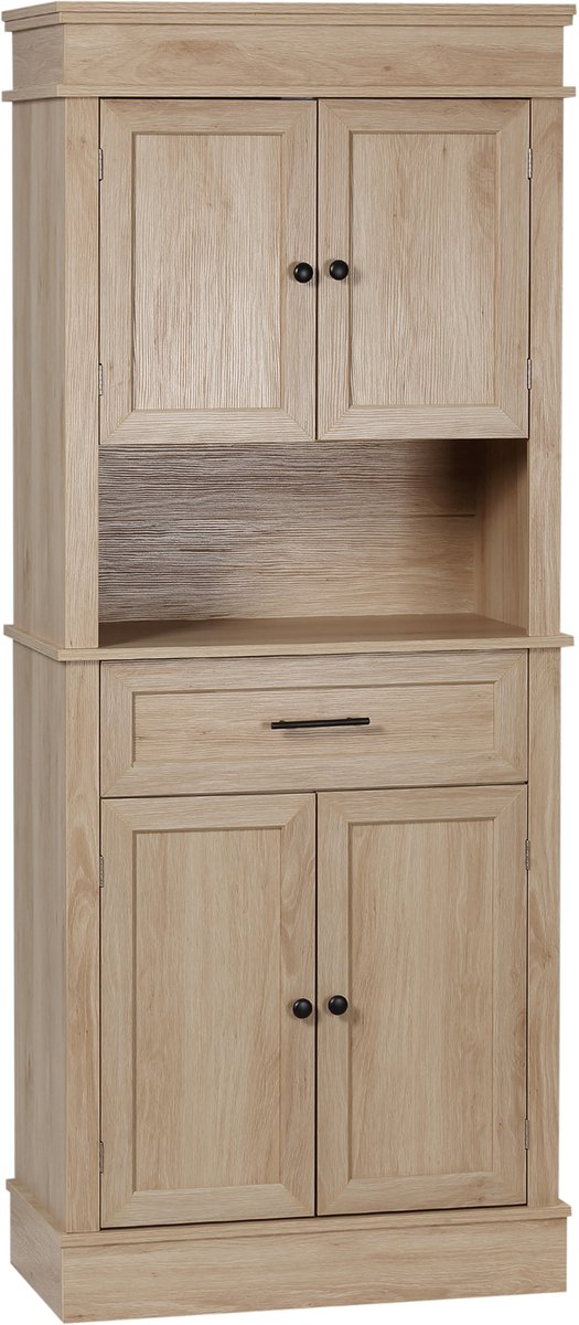 Hoge Keukenkast – Opslagkast - met kast - verstelbare planken - lade en nis - 74 x 39,5 x 183 cm - licht eikenkleurig