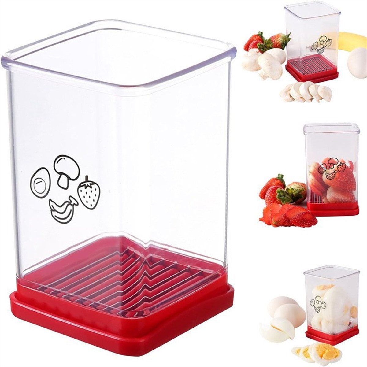 1 stuk - Fruit Slice Cup - Snelle slicer - Geschikt voor aardbeien, bananen, druiven, eieren - RVS mes - Rood