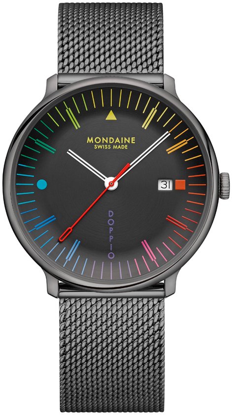 Mondaine Doppio horloge met zwarte wijzerplaat, regenboogkleurige uurmarkeringen, datumvenster en grijze meshband.