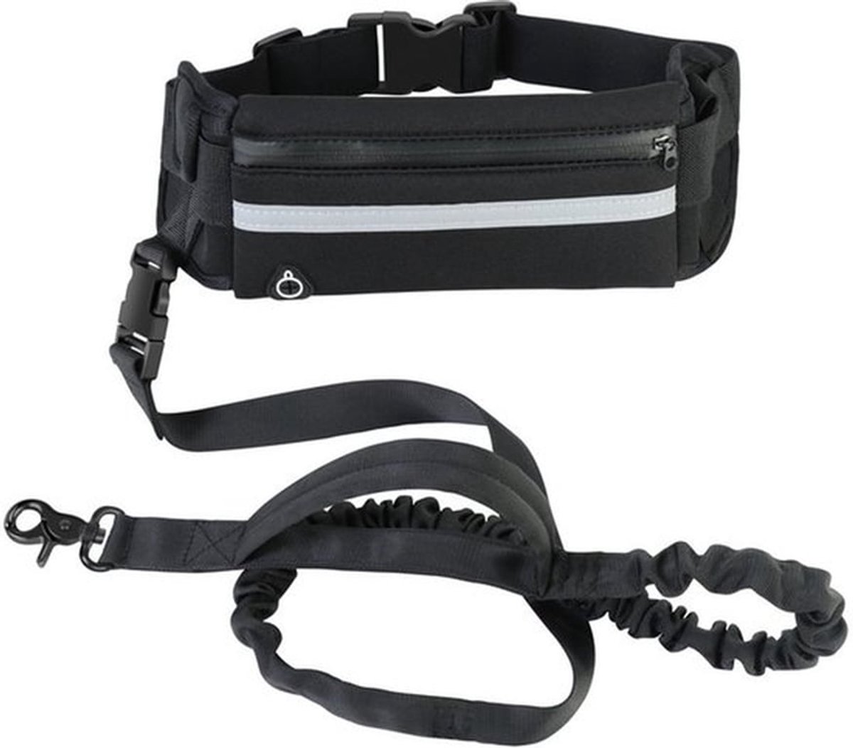 Zwarte sporthondenriem in heuptasvorm, reflecterende intrekbare riem voor buiten, anti-explosie hardloopriem.