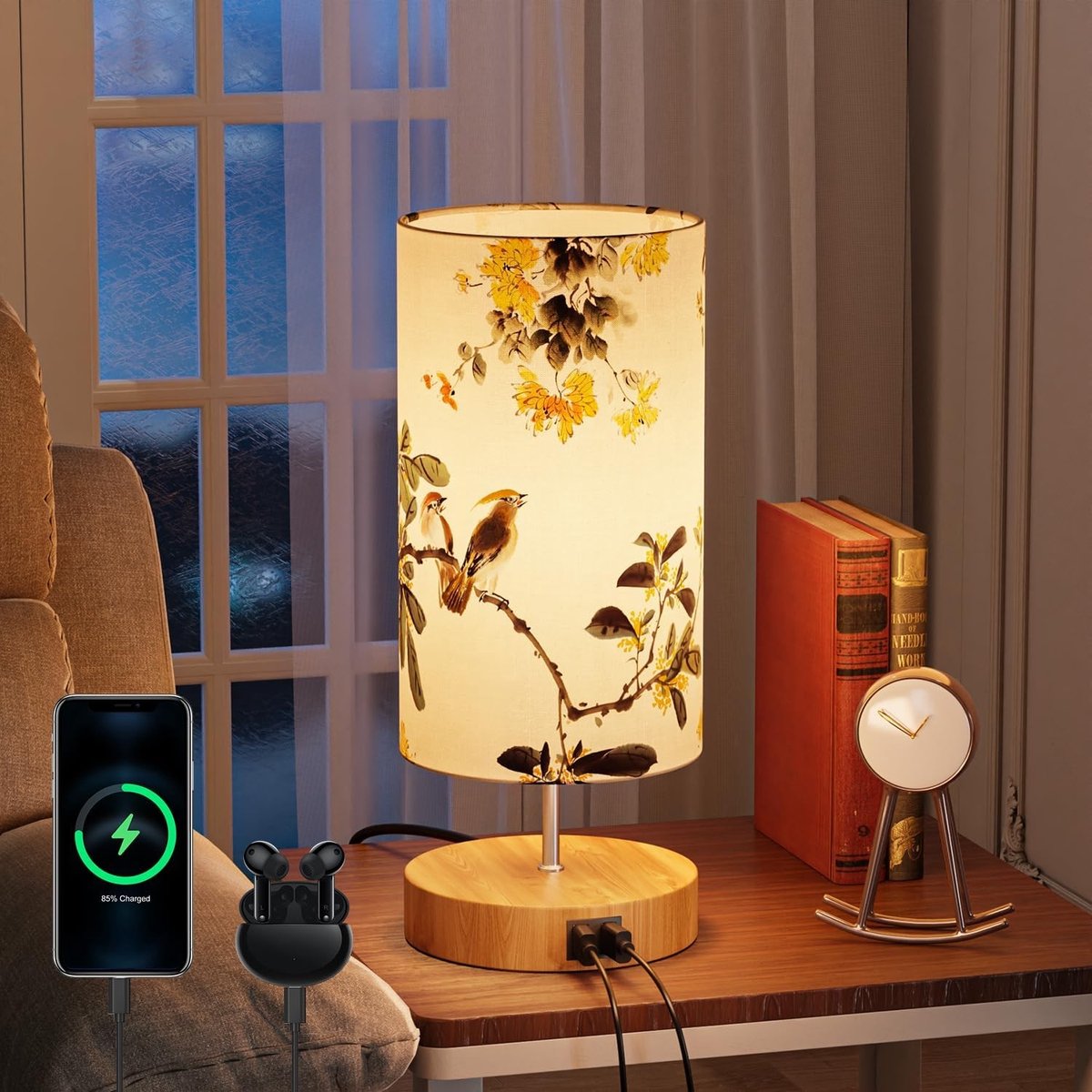 Zoutlamp - Vogelpatroon - Dimbaar Bedlampje met Touchscreen en USB-oplaadpoorten - Voor Slaapkamergebruik