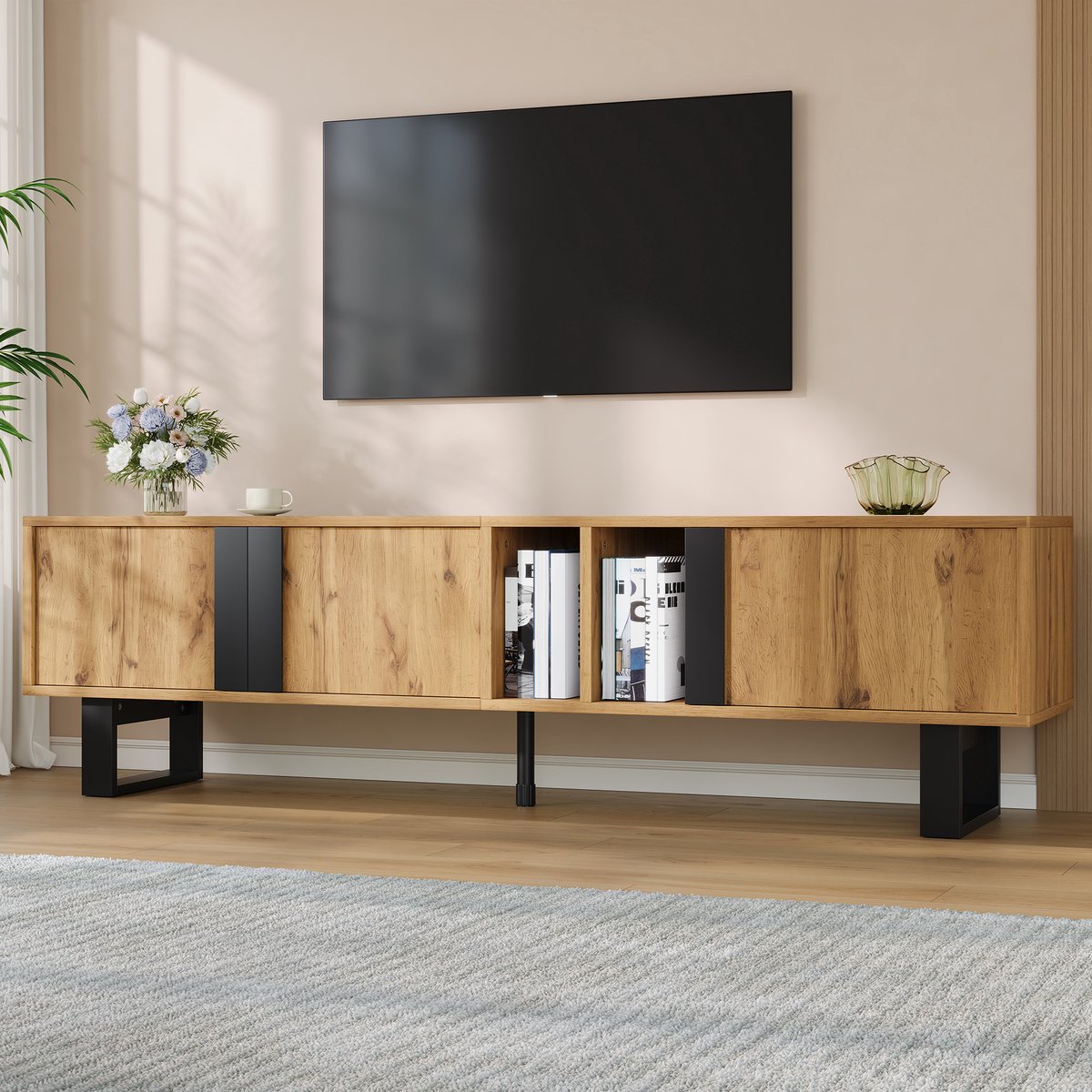 OKWISH Tv Meubel - 160 Cm - 3 Deuren - Open Vakken En Kabeldoorvoer - Houten Look Met Zwarte Metalen Poten - Natuurkleur