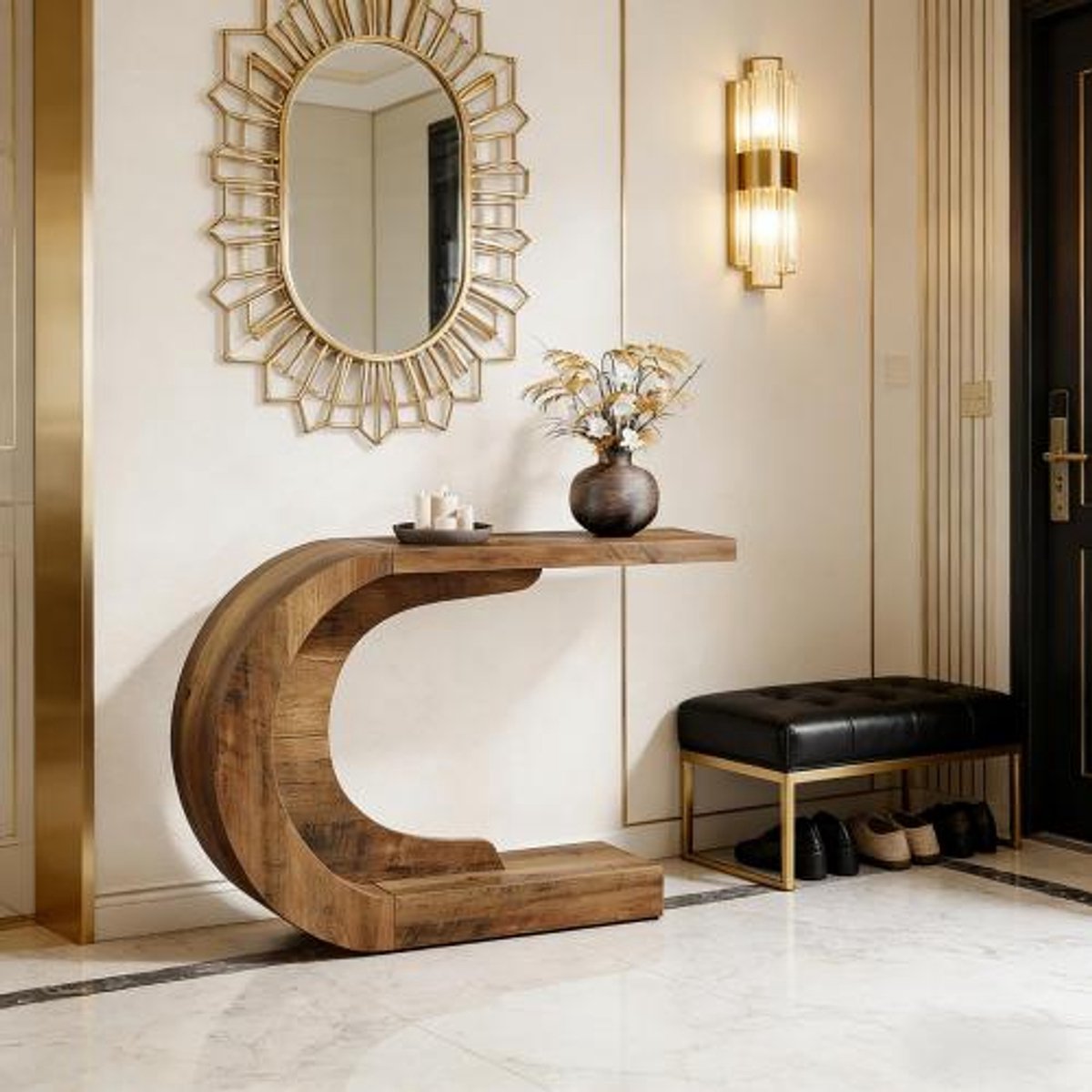 Wishdor C-vormige sidetable - Modern console tafel voor hal en woonkamer - Houtlook met stevige houten constructie voor decoratie - Rustbruin - 110 x 35 x 75 cm